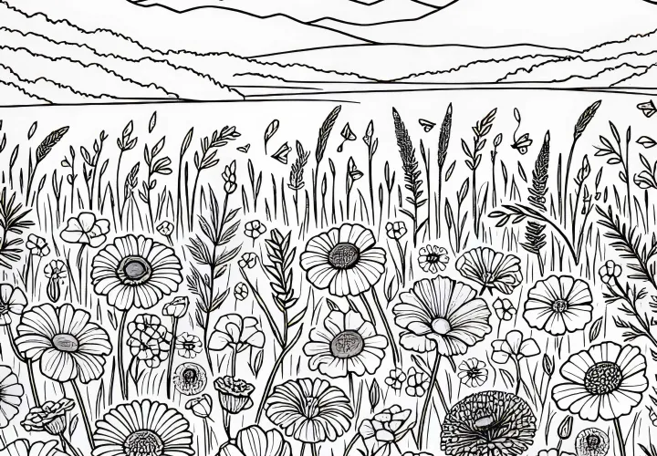 Weite Wiese mit Blumen und Gräsern – Ausmalbild kostenlos