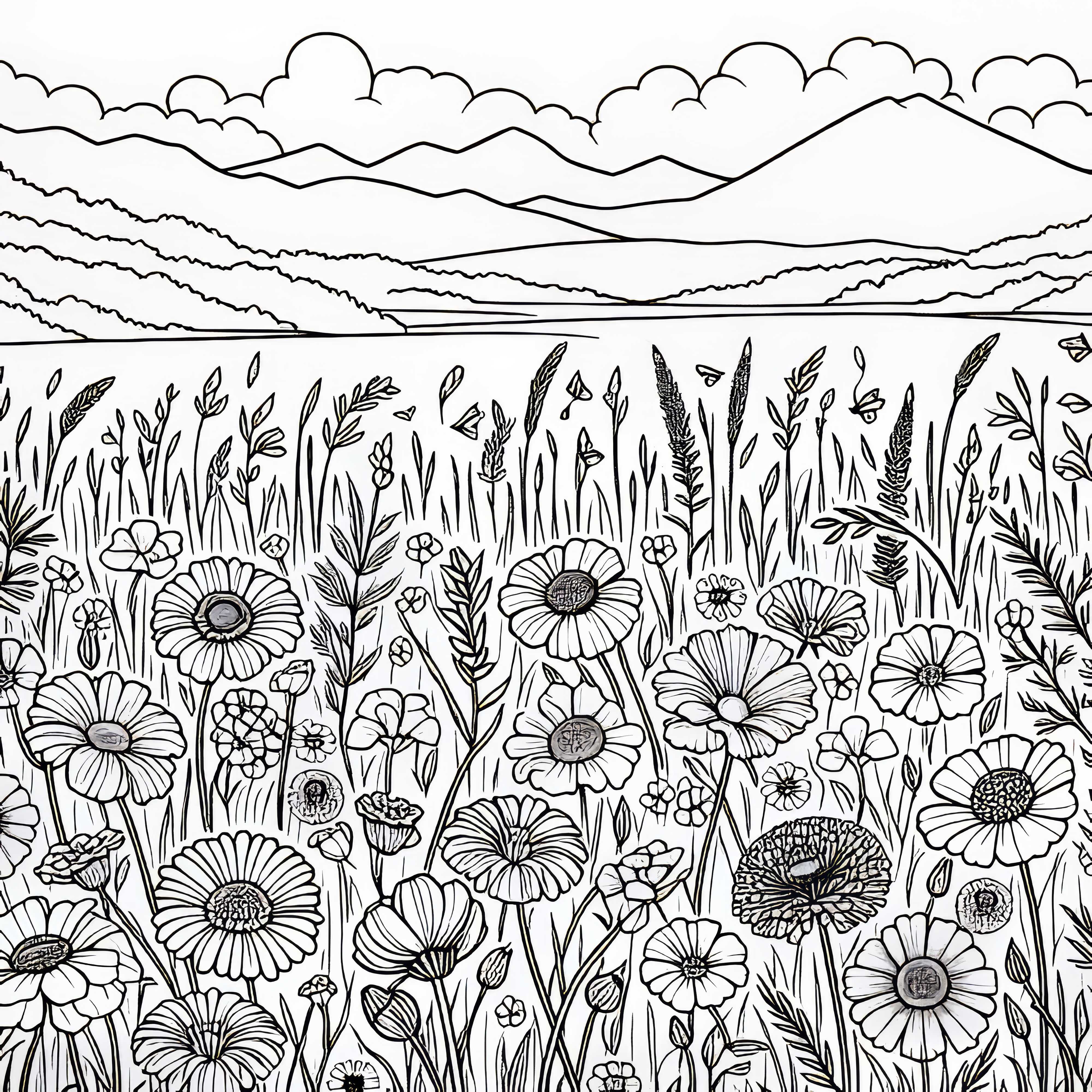 Weite Wiese mit Blumen und Gräsern – Ausmalbild kostenlos