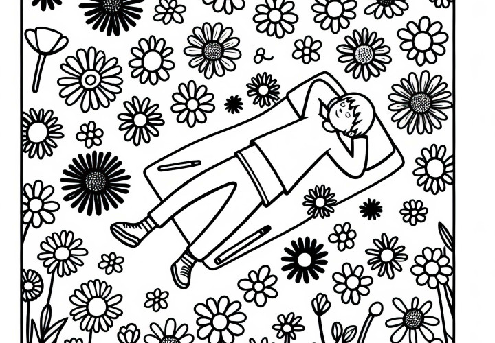 Criança deitada em um campo de flores olhando para o céu – Modelo para colorir grátis Criança deitada em um campo de flores e olhando para o céu – Modelo para colorir grátis