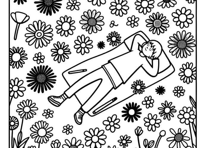 Dítě leží na květinové louce a dívá se na nebe – omalovánka zdarma