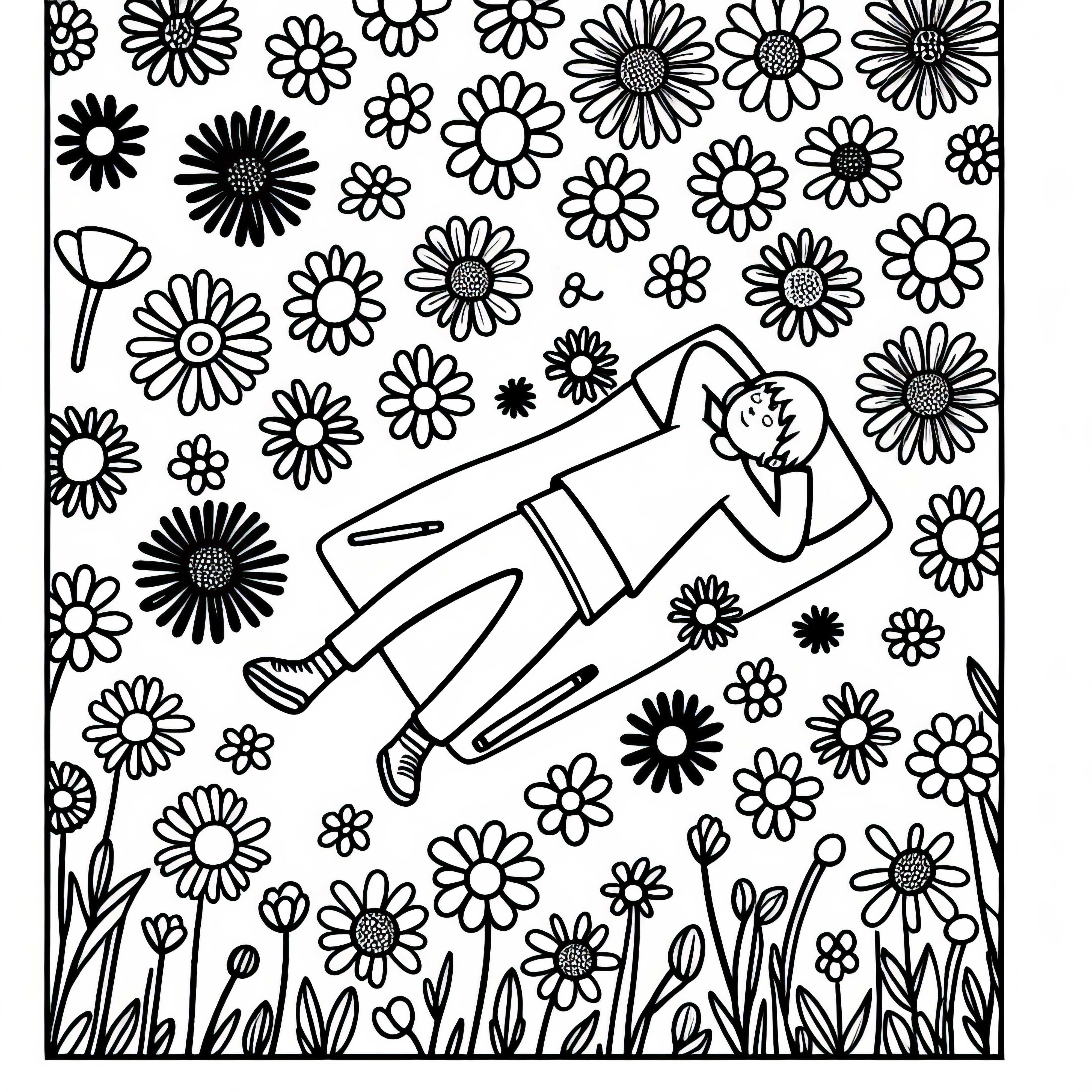 Criança deitada em campo de flores olhando para o céu – Modelo de colorir grátis Criança deitada em um campo de flores e olhando para o céu – Modelo de pintura grátis