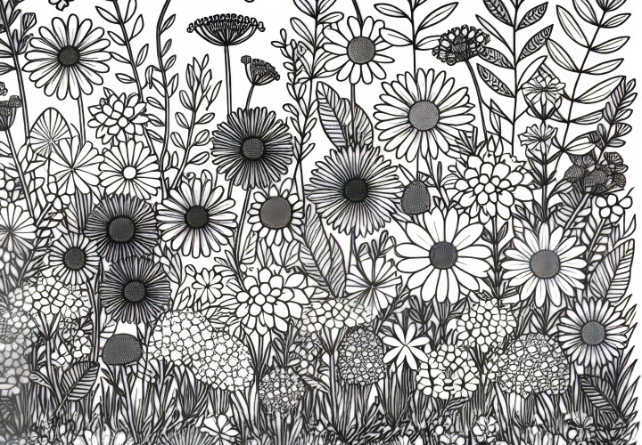 Diversas espécies de flores crescem misturadas - Desenho para colorir grátis Várias espécies de flores crescem misturadas – Desenho para colorir grátis