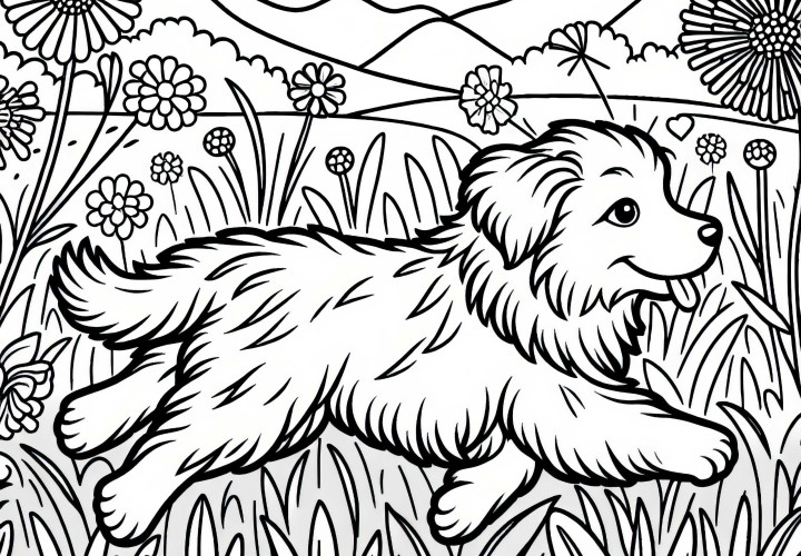 Cão corre pela grama com flores altas – Modelo de pintura grátis Cachorro corre pelo campo com flores altas – Desenho para colorir grátis