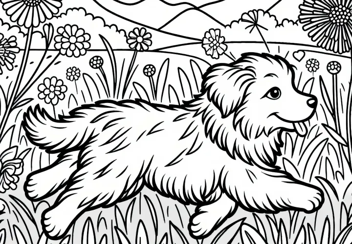 Pes běží přes louku s vysokými květinami – omalovánka zdarma