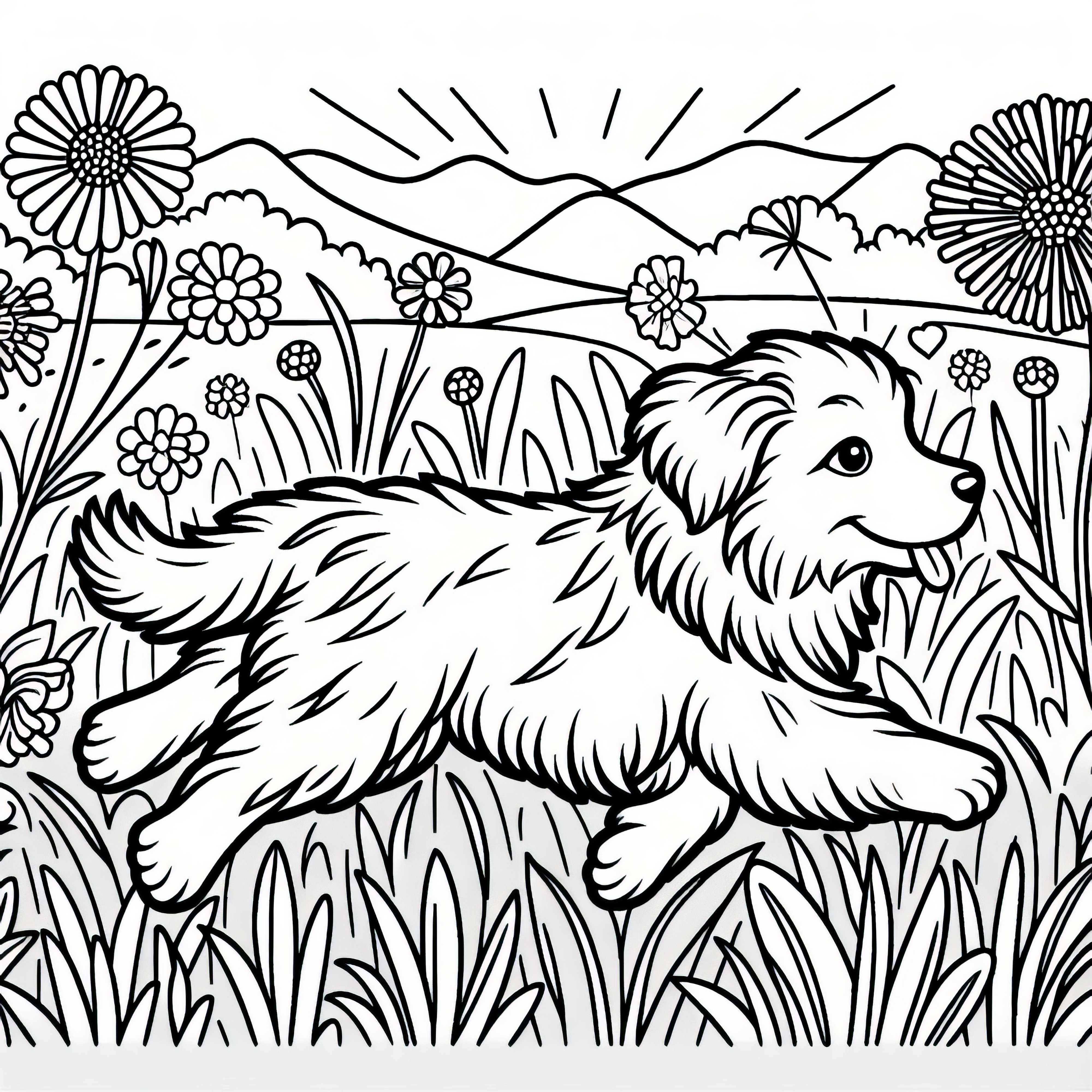 Cachorro corre pelo campo com altas flores – Modelo para colorir grátis Cachorro corre pelo campo com flores altas - Desenho para colorir grátis