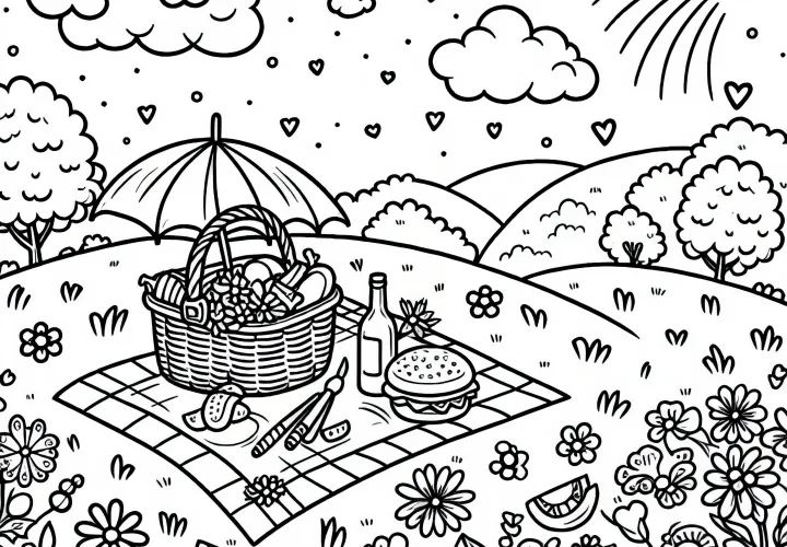 Piknik na květinové louce jako omalovánka ke stažení zdarma
