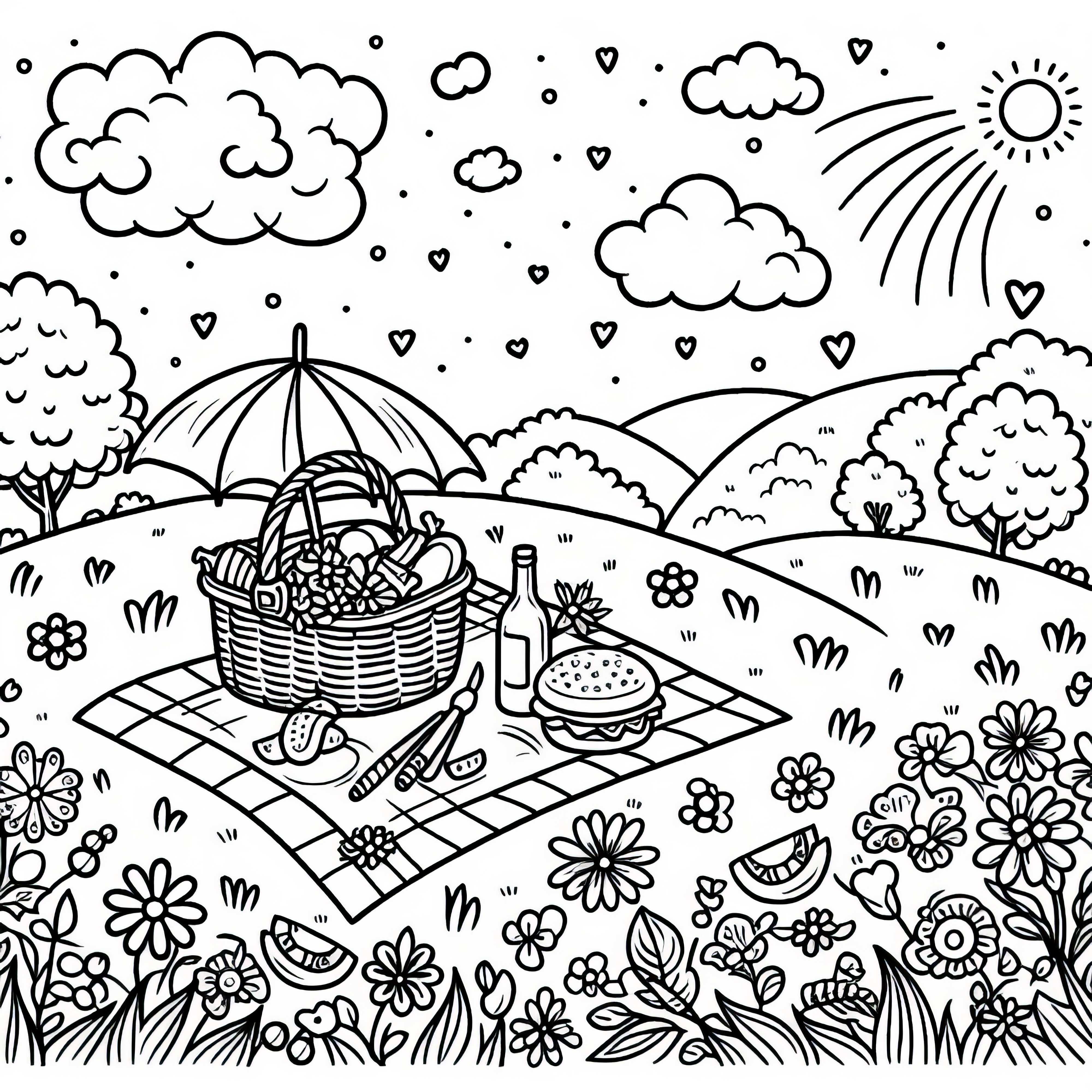 Baixe gratuitamente uma imagem para colorir de piquenique em um campo de flores Baixar gratuitamente imagem de colorir de piquenique em campo de flores
