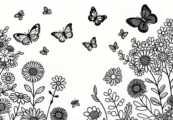 Borboletas voam sobre um campo florido - Desenho para colorir gratuito Borboletas voam sobre um campo de flores - imagem para colorir gratuita