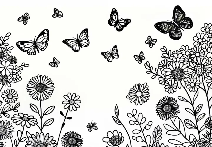 Motýli létají přes květinovou louku – Omalovánka zdarma
