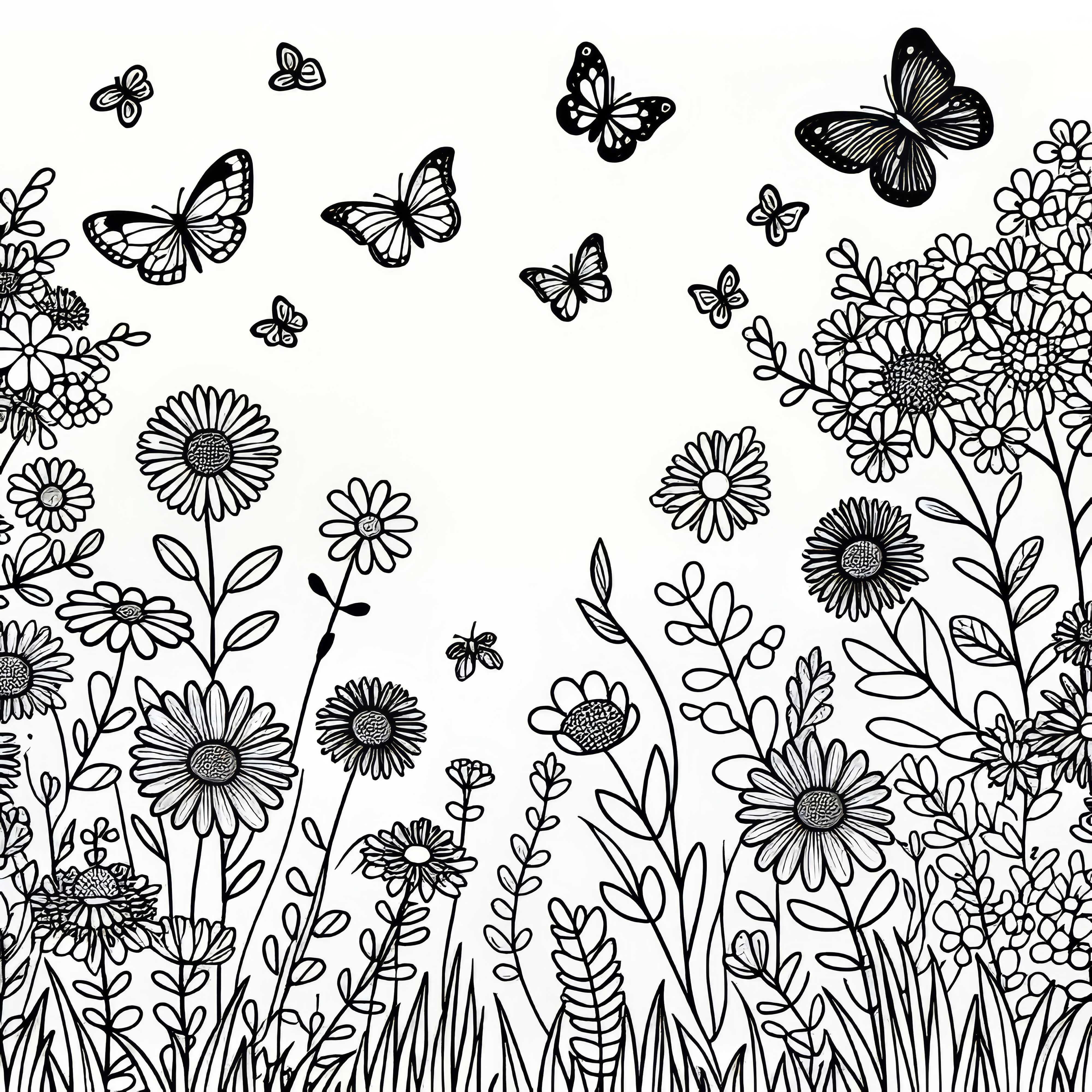 Borboletas voam sobre um campo de flores - Desenho para colorir grátis Borboletas voam sobre um campo de flores - Desenho para colorir gratuito