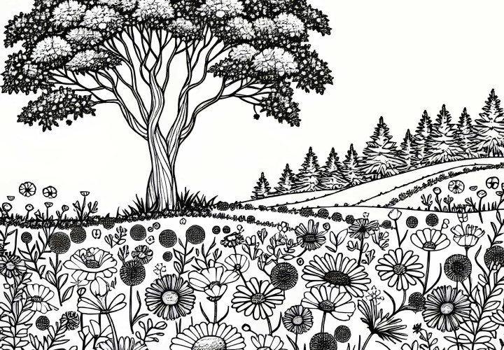 Campo com flores sob uma grande árvore como desenho para colorir gratuito Campo com flores sob uma grande árvore como modelo de pintura gratuito