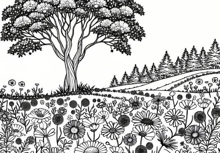 Pole s květinami pod velkým stromem jako omalovánka zdarma