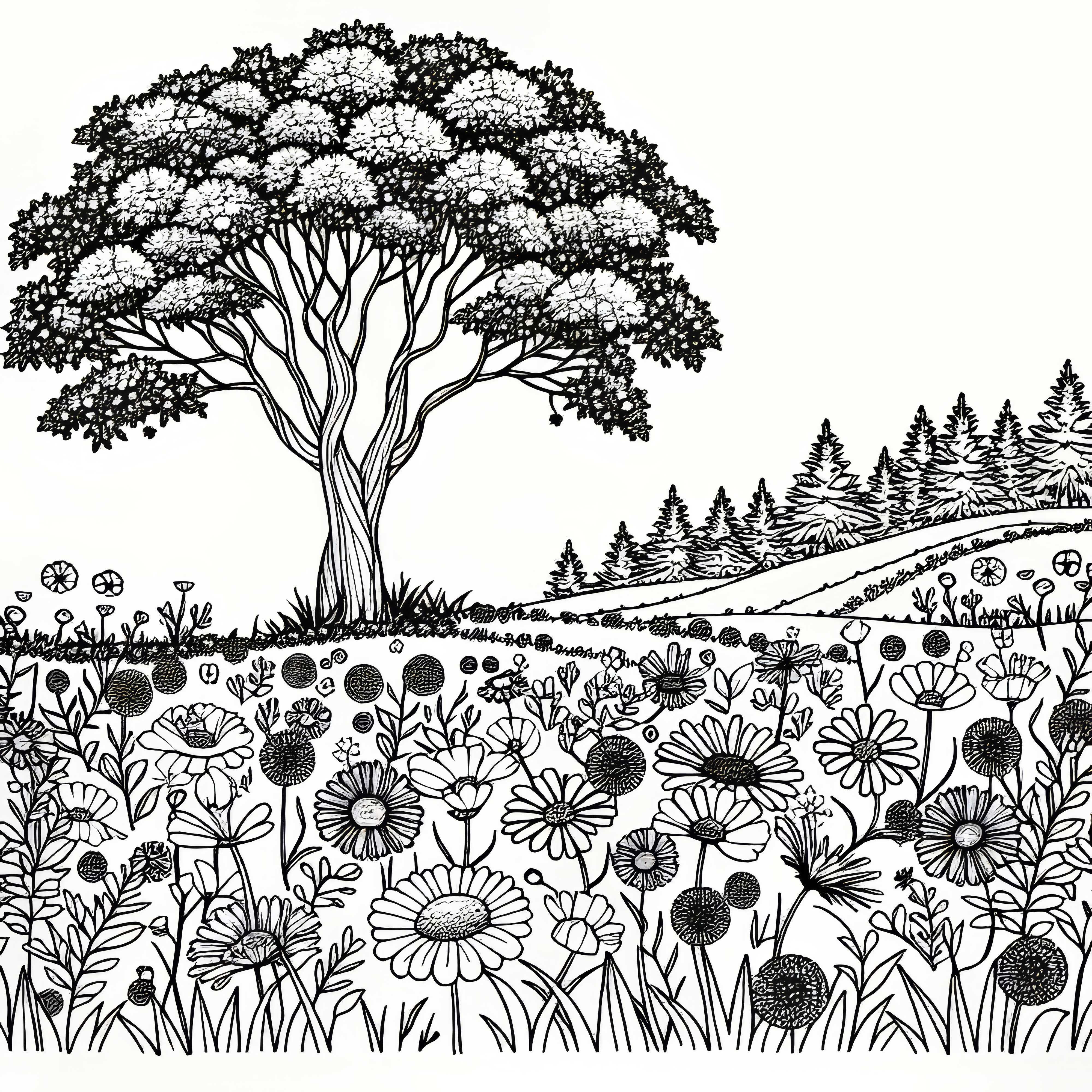 Campo com flores sob uma grande árvore como modelo de pintura gratuito Campo com flores sob uma grande árvore como modelo para colorir grátis