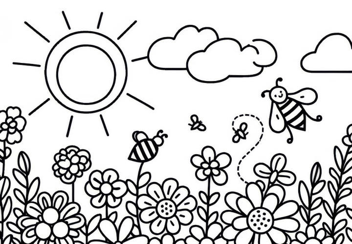 Abelhas, flores e luz do sol – Desenho para colorir gratuito Abelhas, flores e luz do sol - Desenho para colorir gratuito