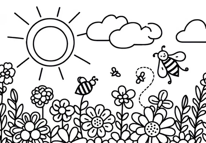 Včely, květiny a sluneční svit – Bezplatný omalovánka