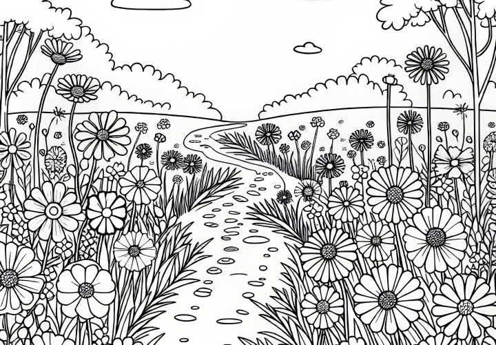 Trilho leva através de um alto campo de flores - Modelo de pintura gratuito Caminho de trilhagem passa por um alto campo de flores – Modelo para colorir gratuito