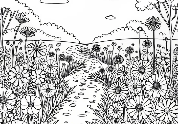 Cestička vede přes vysokou květinovou louku - omalovánka zdarma