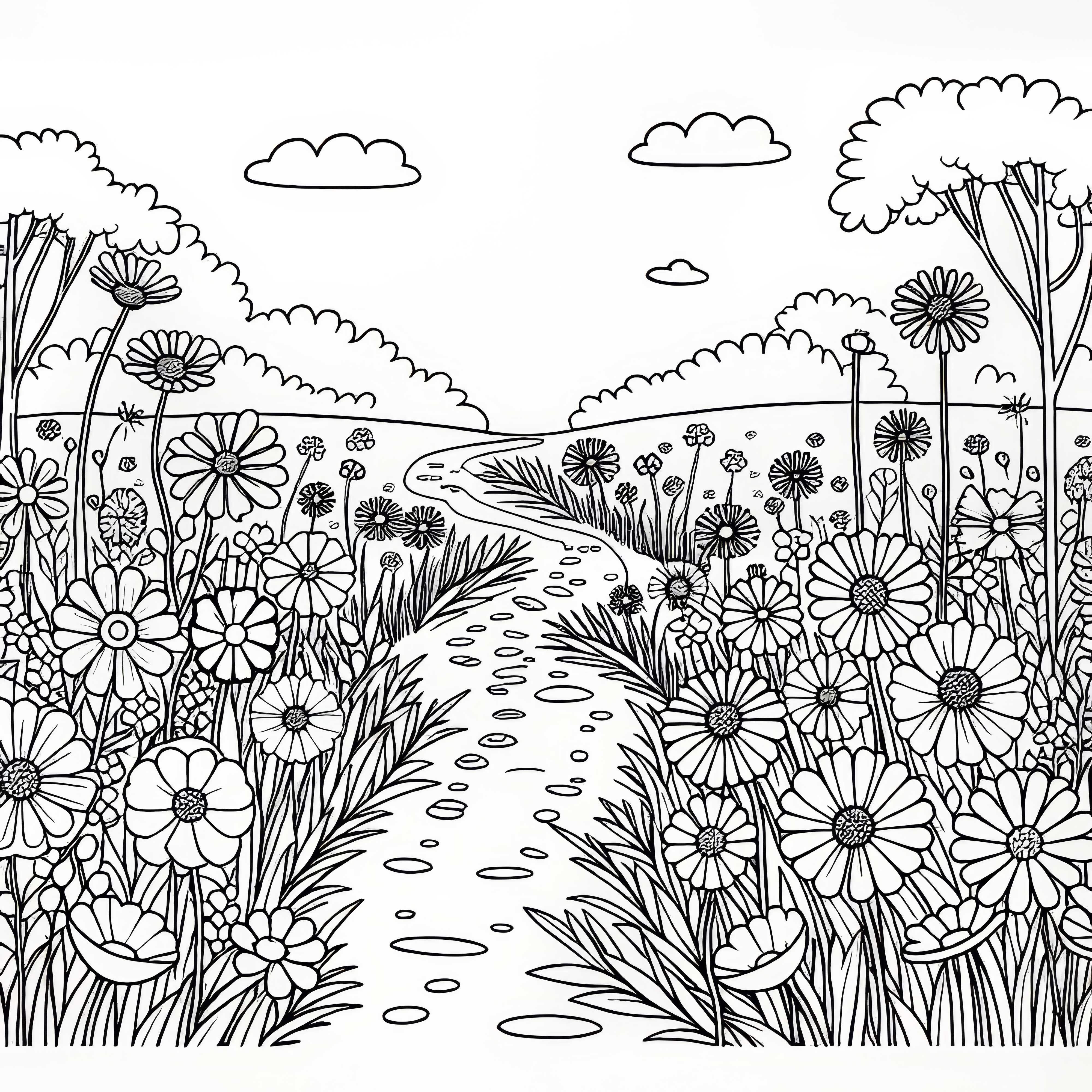 Trilha levada por um campo alto de flores - Modelo de pintura gratuito Caminho de pedestres atravessa um alto campo de flores - Modelo para colorir gratuito