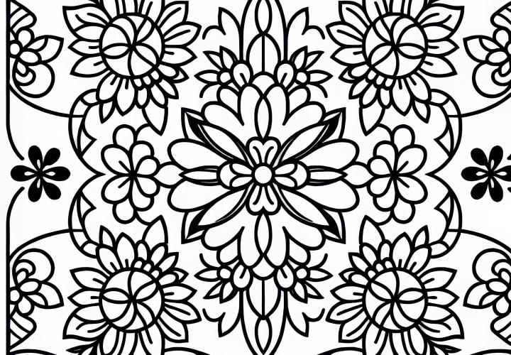 Padrão de azulejos com flores simétricas modelo para colorir grátis Modelo de pintura de padrão de azulejo com flores simétricas grátis