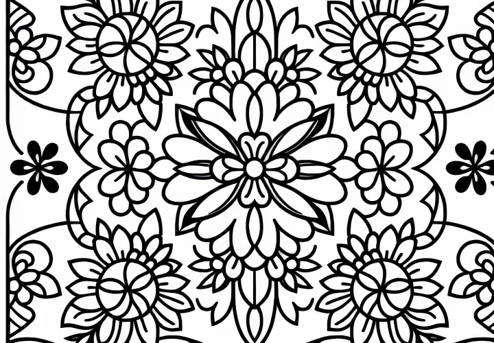 Безплатен шаблон за оцветяване с симетрични цветя на плочки