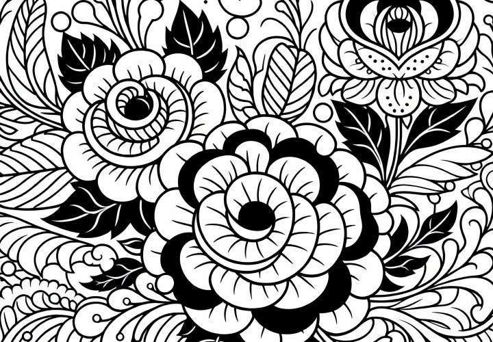 Padrão de rosas e trepadeiras estilizadas - Desenho para colorir grátis Padrão de rosas e trepadeiras estilizadas - Imagem para colorir grátis