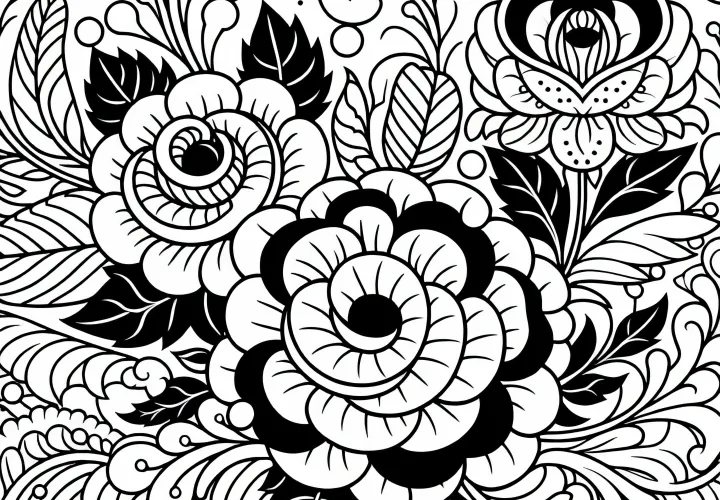 Мотиви от стилизирани рози и лозя - Безплатна оцветяваща картина