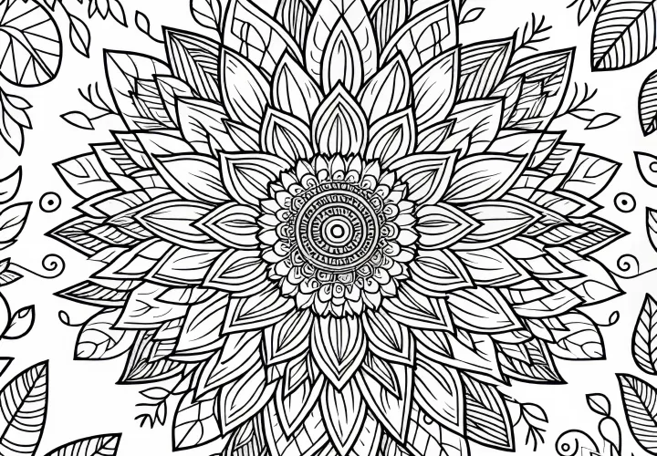 Мандала с слънчоглед и листа – безплатна оцветяваща картина