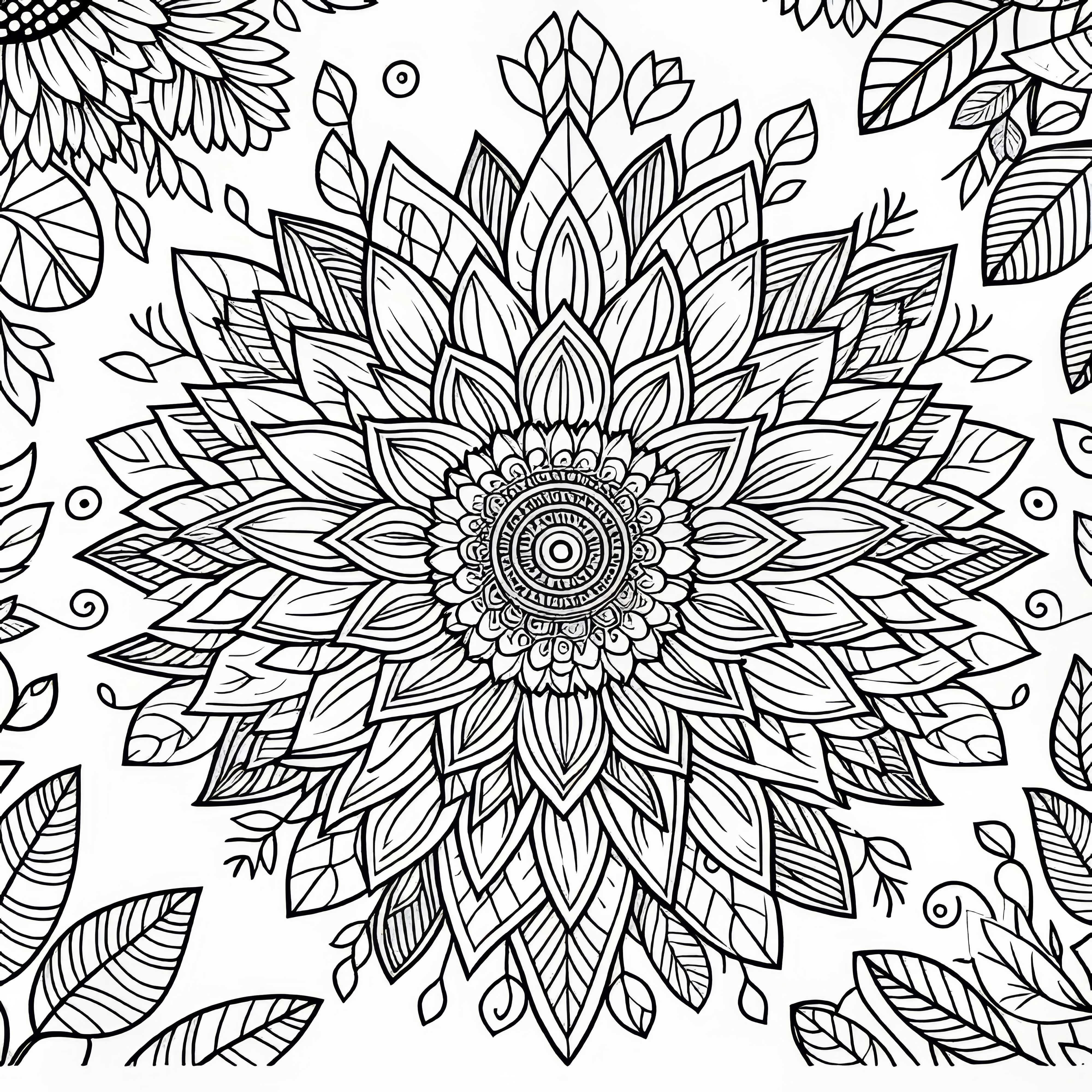 Mandala s květinou slunečnice a listy – omalovánka zdarma Mandala s slunečnicí a listy – omalovánka zdarma
