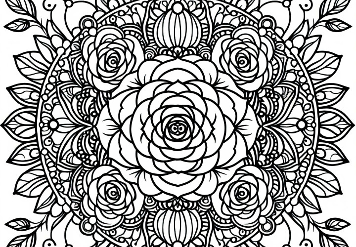 Mandala de flores com rosas e ornamentos como imagem para colorir grátis