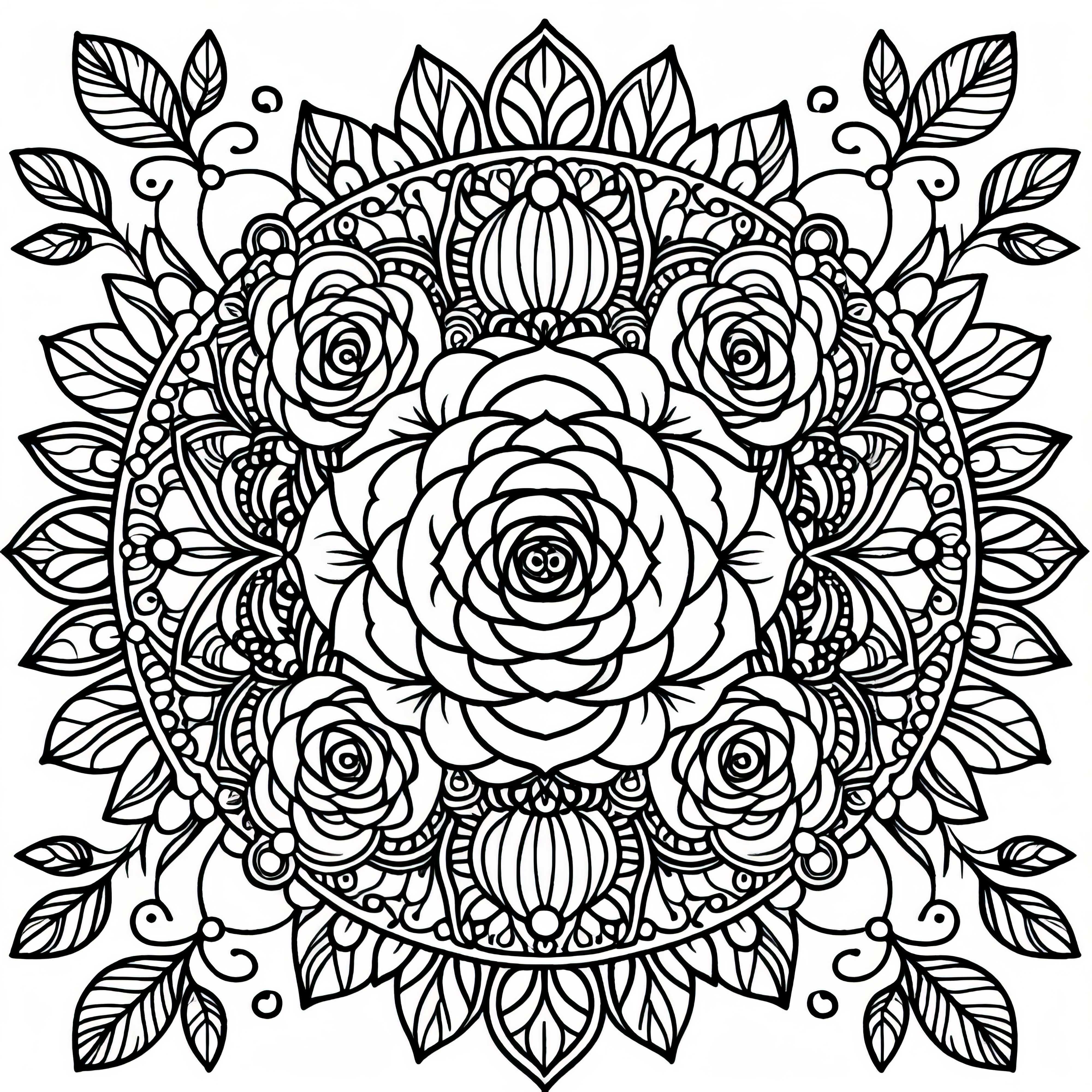 Flower mandala made of roses and ornaments as a free coloring page