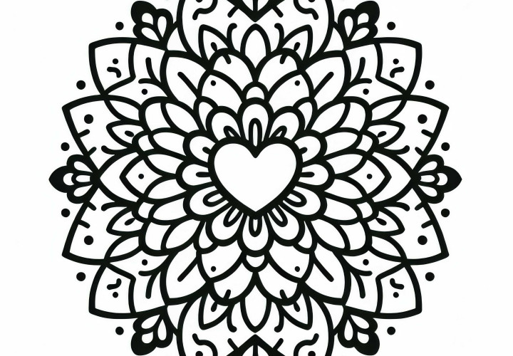Flower mandala with a heart in the center - free coloring page