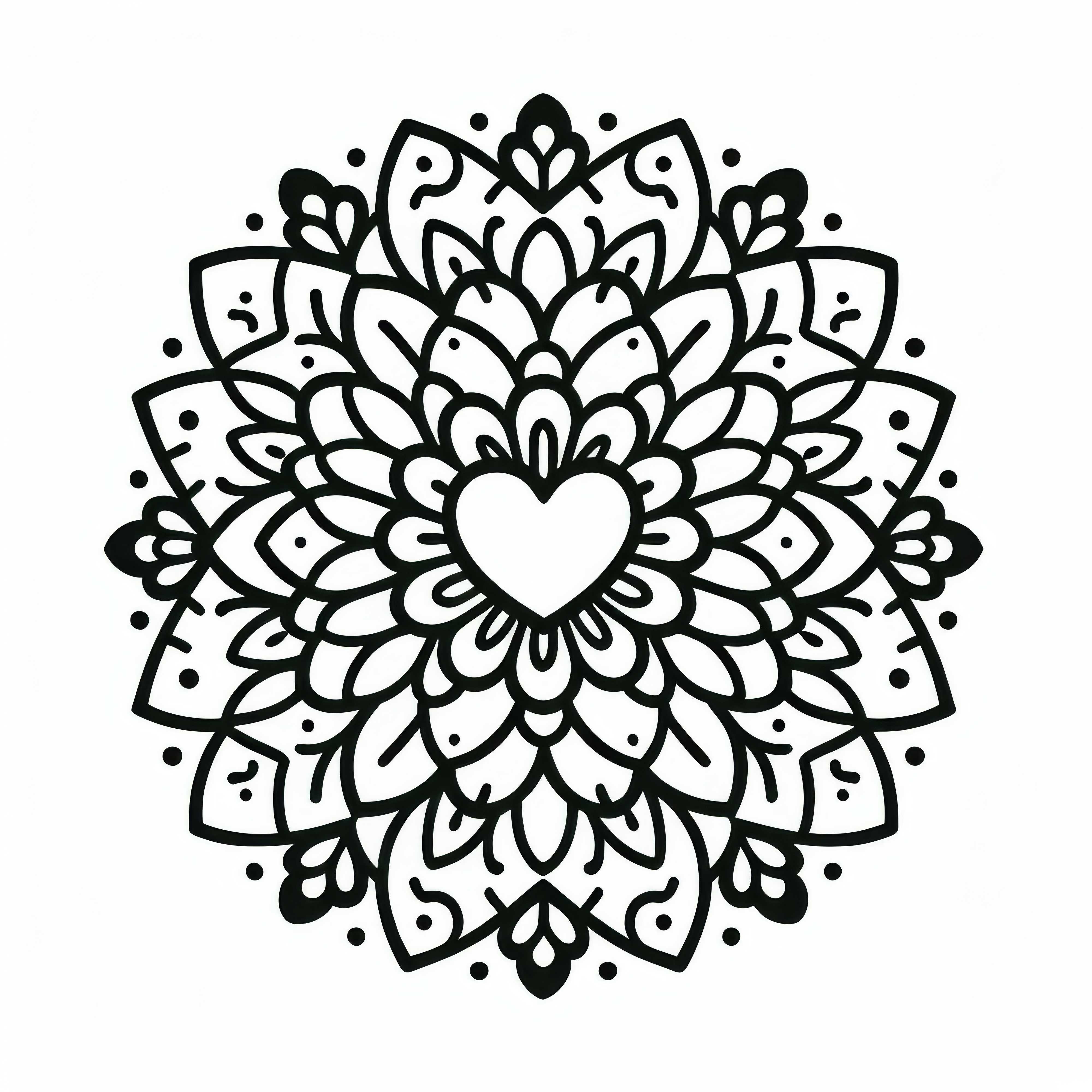 Mandala de flores com coração no meio - Imagem para colorir grátis Mandala de flores com coração no meio - Desenho para colorir grátis