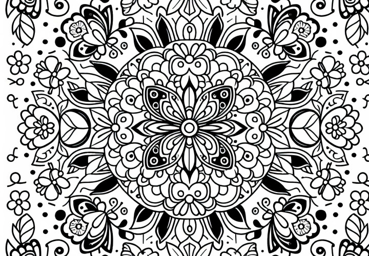 Flower mandala with butterflies and blossoms - free coloring page
