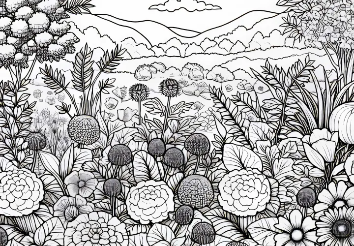 Různé květiny v zahradě – omalovánka zdarma