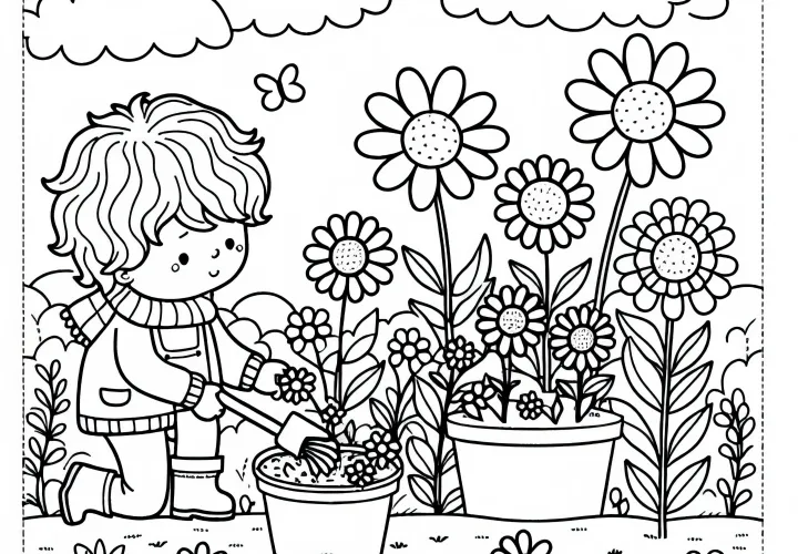 Dítě sázející zahradní květiny - omalovánka zdarma