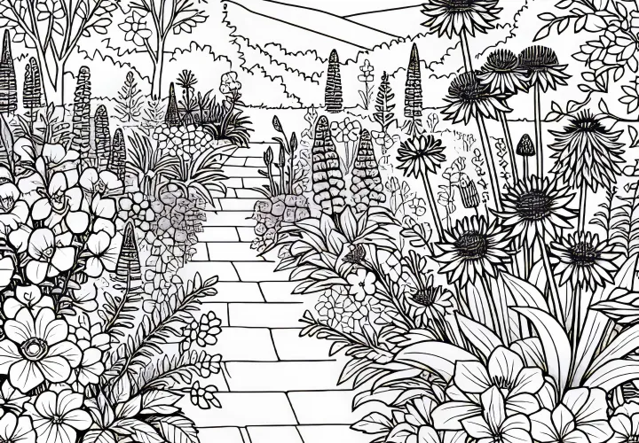 Zahradní cesta mezi kvetoucími trvalkami – omalovánka zdarma