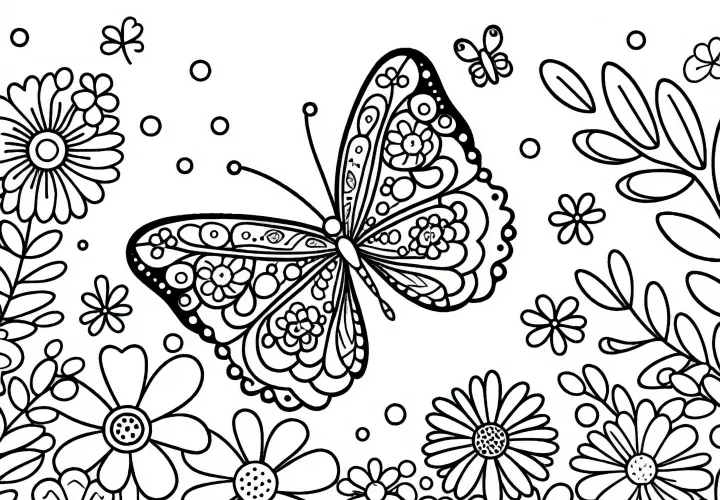 Motýl létá zahradou květin - omalovánka zdarma