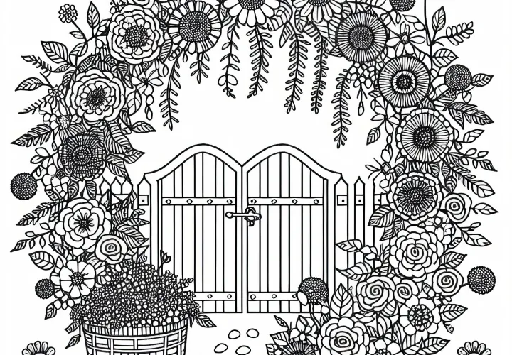 Zahradní brána rámovaná květinami – zdarma k vybarvení