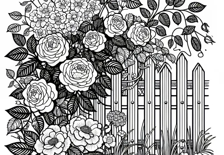 Plot s popínavými růžemi a výhonky jako omalovánka pro zahradníky