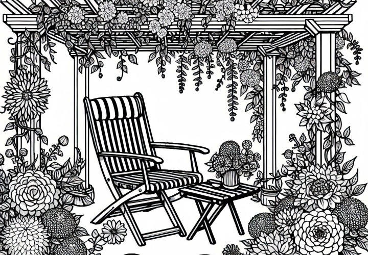 Sodo kėdė po pergola - nemokama sodo gėlių spalvinimo forma Sodo kėdė po pergola - nemokama piešimo forma sodo gėlėms