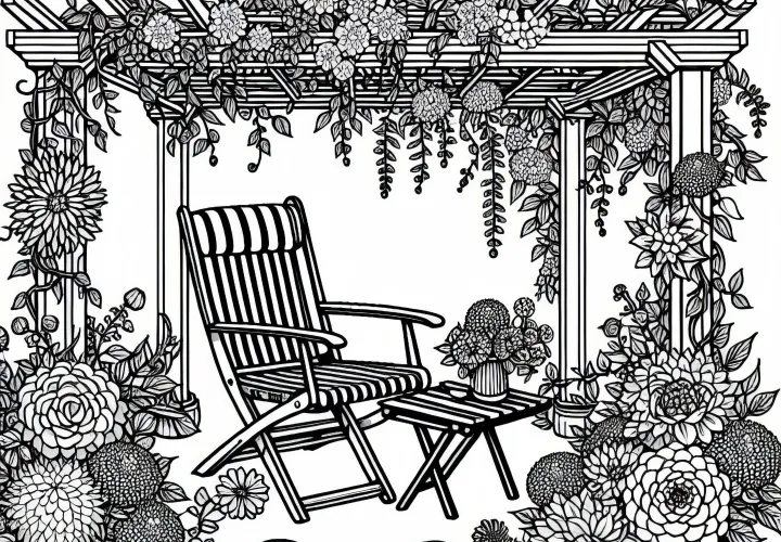 Zahradní židle pod pergolou - zdarma omalovánka zahradních květin