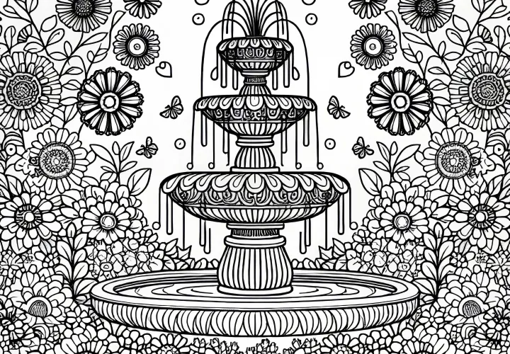 Studna uprostřed zahradních květin – omalovánka zdarma