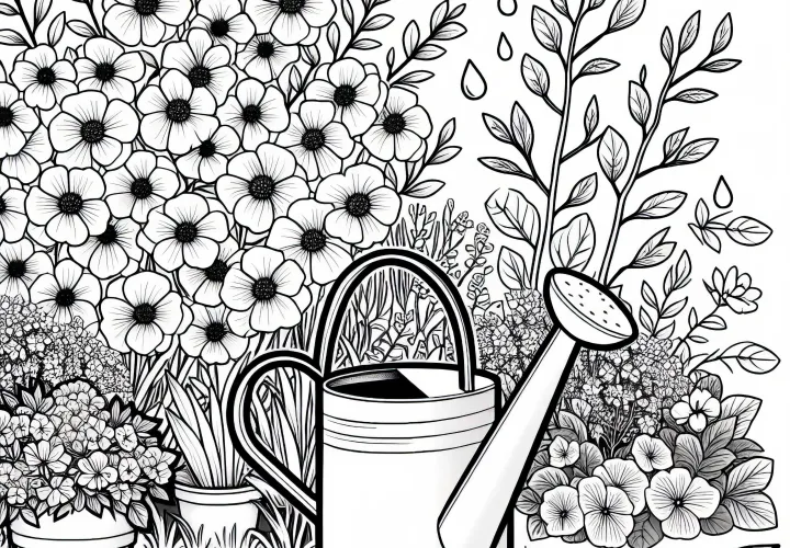 Konvička stojí vedle kvetoucích rostlin – Malovací obrázek zahradních květin ke stažení zdarma