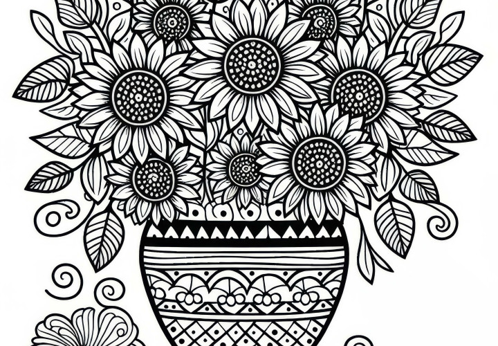 Pot de fleurs avec des tournesols – Téléchargez le dessin à colorier gratuitement Pot de fleurs avec des tournesols - Téléchargez le coloriage gratuit