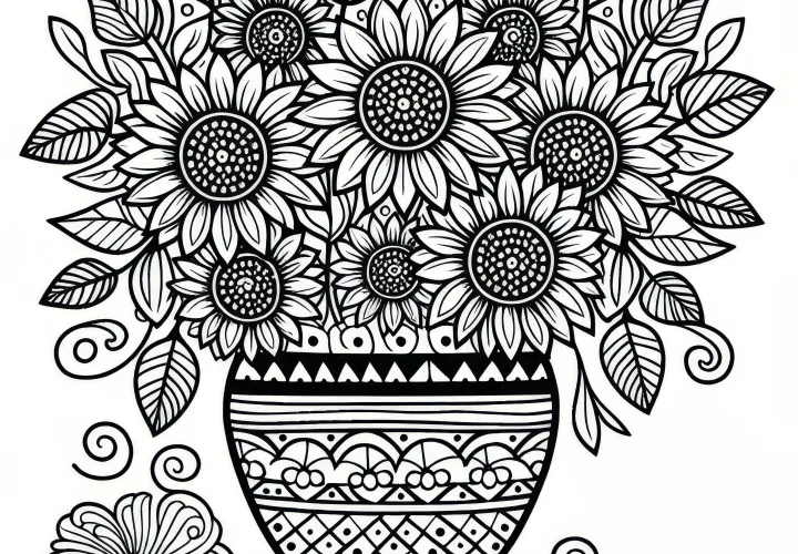 Květináč se slunečnicemi – zdarma ke stažení omalovánka