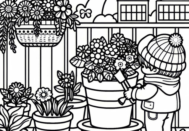 Enfant plante un pot de fleurs sur le balcon – Modèle à colorier gratuit Enfant plante un pot de fleurs sur le balcon - coloriage gratuit