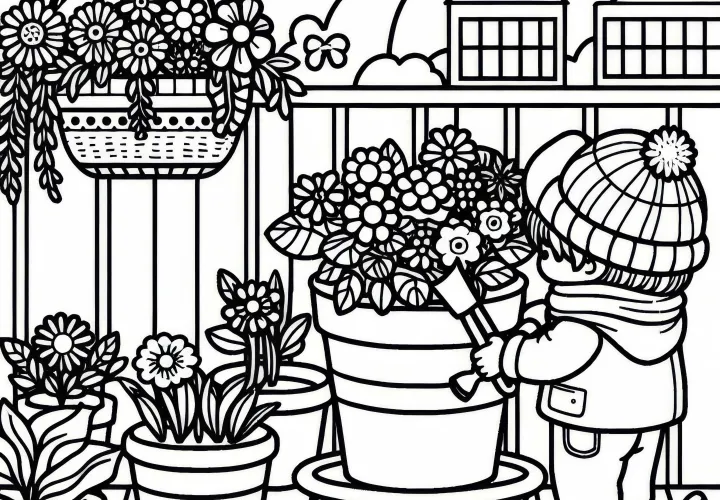 Dítě s květináčem na balkoně – Malovací předloha zdarma
