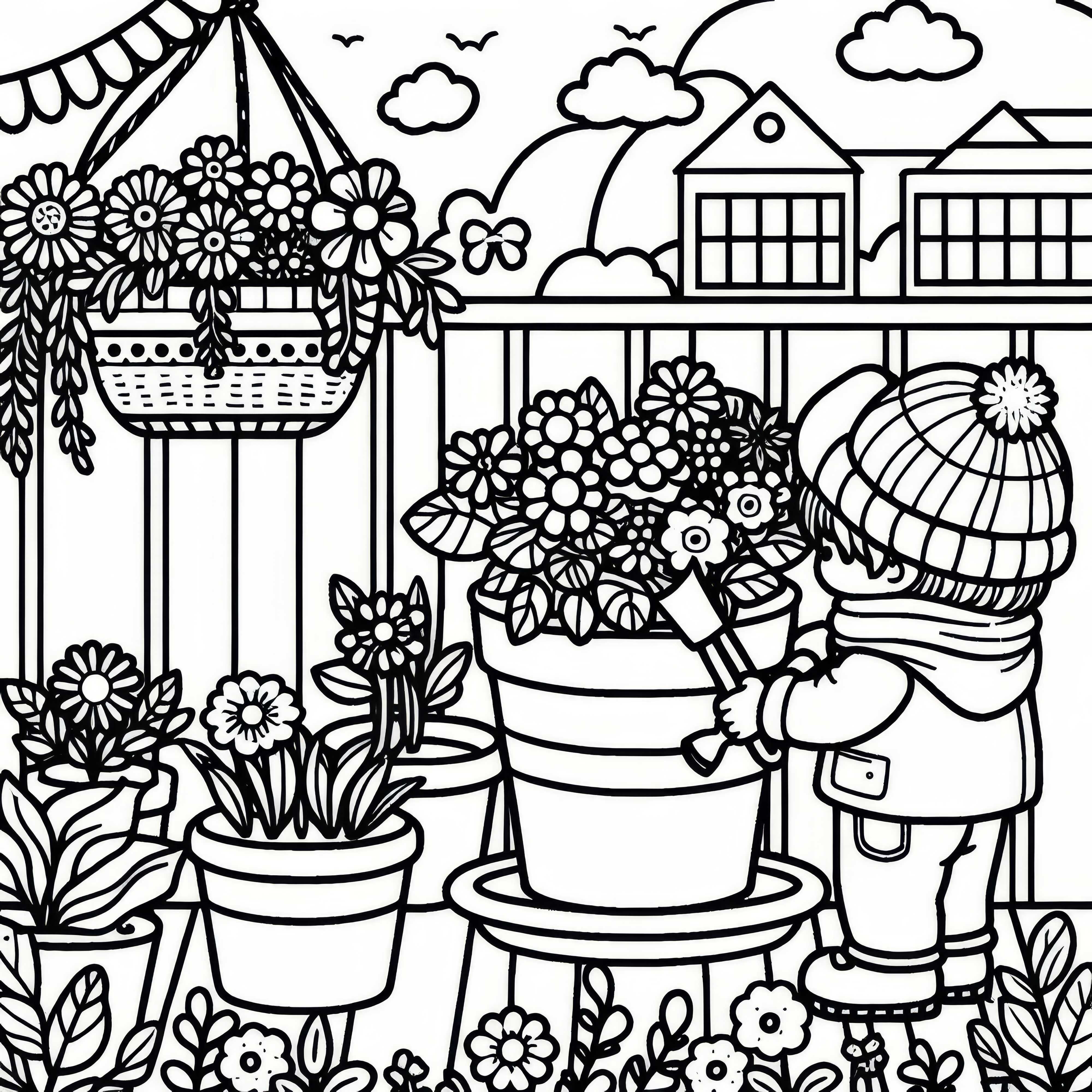 Enfant plante un pot de fleurs sur le balcon - Modèle de coloriage gratuit Enfant plante un pot de fleurs sur le balcon - modèle de coloriage gratuit