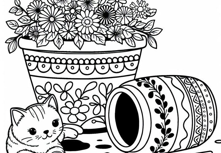 Un chaton est couché à côté d'un pot de fleurs tombé - Image à colorier gratuite Un chaton est allongé à côté d'un pot de fleurs renversé - Dessin à colorier gratuit