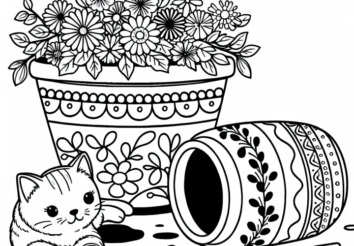 Koťátko leží vedle převrženého květináče – omalovánka zdarma